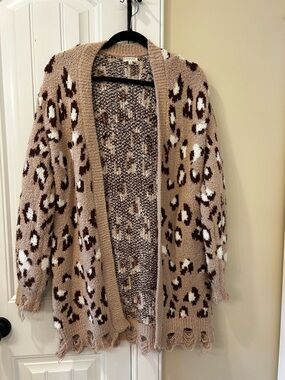 JODIFL Beige Leopard-Print Open Front Cardigan with Distressed Hem